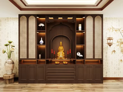 Traditional Chinese Style Wooden Buddhist Shrine Cabinet with Buddha Statue Candles and Decorative Shelves 3d model