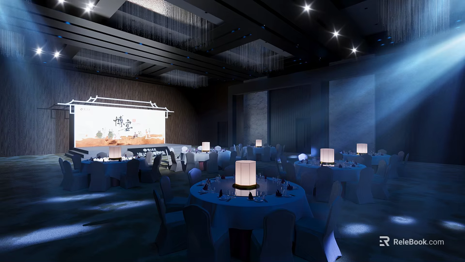 Elegant Banquet Hall Interior With Chinese Style Decor Round Tables White Tablecloths And Lantern Lamps 3d model 