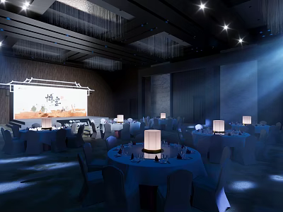 Elegant Banquet Hall Interior With Chinese Style Decor Round Tables White Tablecloths And Lantern Lamps 3d model