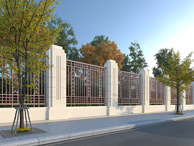 Elegant Building Exterior Wall With White Finish Wrought Iron Railings And Trees Along Street 3d model