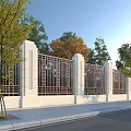 Elegant Building Exterior Wall With White Finish Wrought Iron Railings And Trees Along Street