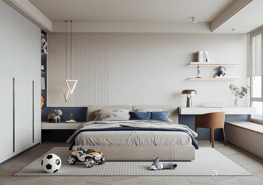 Kids Room Interior Design With Bed Soccer Ball Toy Cars Shelves Desk And Chair 3d model 