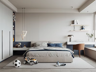 Kids Room Interior Design With Bed Soccer Ball Toy Cars Shelves Desk And Chair 3d model