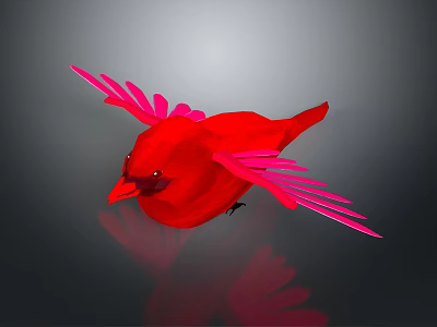 Red Bird Flying with Pink Wings and Reflection on Dark Background 3d model