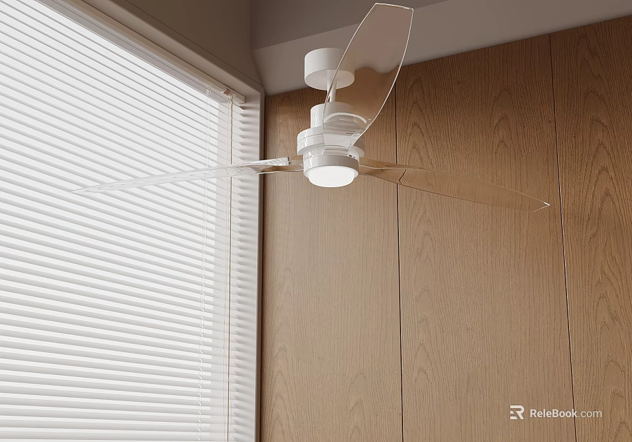 White Ceiling Fan With Transparent Blades Near Window With White Blinds And Wooden Wall 3d model 