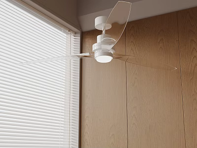 White Ceiling Fan With Transparent Blades Near Window With White Blinds And Wooden Wall 3d model