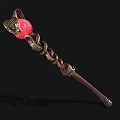 Elegant Enchanted Staff With Red Top Golden Decorations Chain Brown Shaft And Colored Accents
