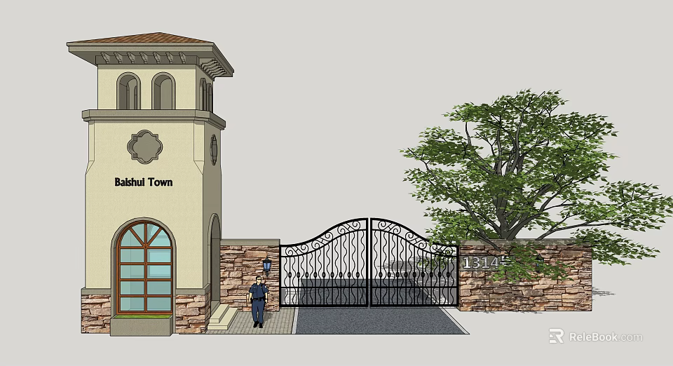 Baldwin Town Wrought Iron Entrance Gate With Stone Wall Tower And Green Tree Design 3d model 