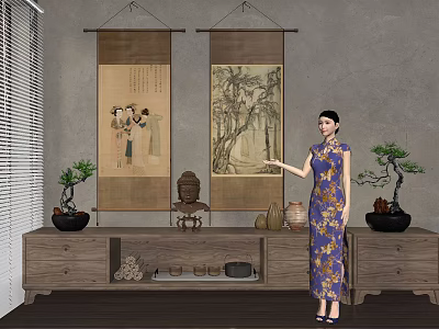 Traditional Chinese Interior With Woman In Qipao Scroll Paintings And Wooden Cabinet Decor 3d model
