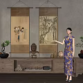 Traditional Chinese Interior With Woman In Qipao Scroll Paintings And Wooden Cabinet Decor