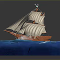 Detailed Vintage Sailing Ship Model With Brown Hull And White Sails On Blue Water Surface