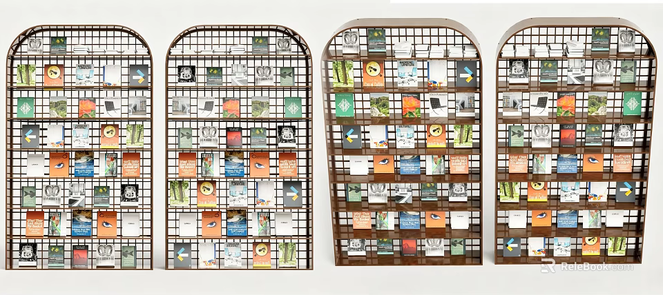 Metal Frame Arch Design Bookshelf With Colorful Books And Magazines Neatly Arranged 3d model 