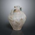 Sculpted Terracotta Amphora with Two Handles and Weathered Carved Surface Texture