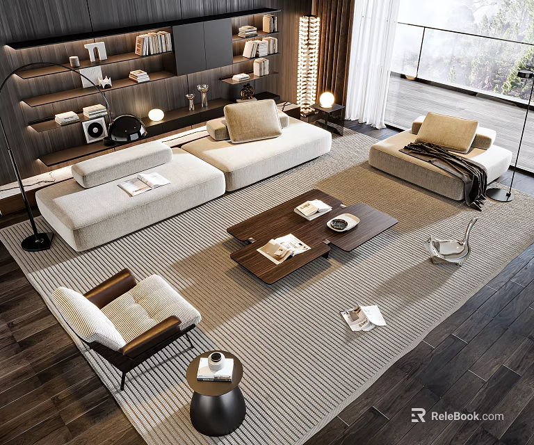 Modern Living Room Sofa Coffee Table Set With Light Beige Upholstery Wooden Table Striped Rug 3d model 