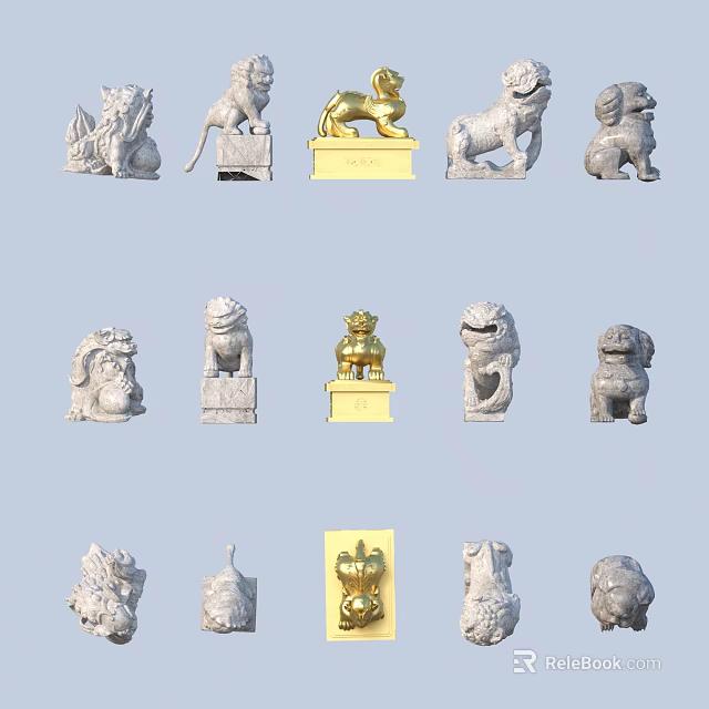 Traditional Lion Sculptures In Various Styles Featuring Stone And Gold Carvings 3d model 