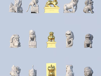 Traditional Lion Sculptures In Various Styles Featuring Stone And Gold Carvings 3d model