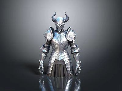 Silver Medieval Battle Armor With Horned Helmet And Spiked Metal Design 3d model