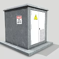 Industrial Metal Enclosure With Grey Double Doors Yellow Warning Sign Ventilation Louvers And Concrete Base