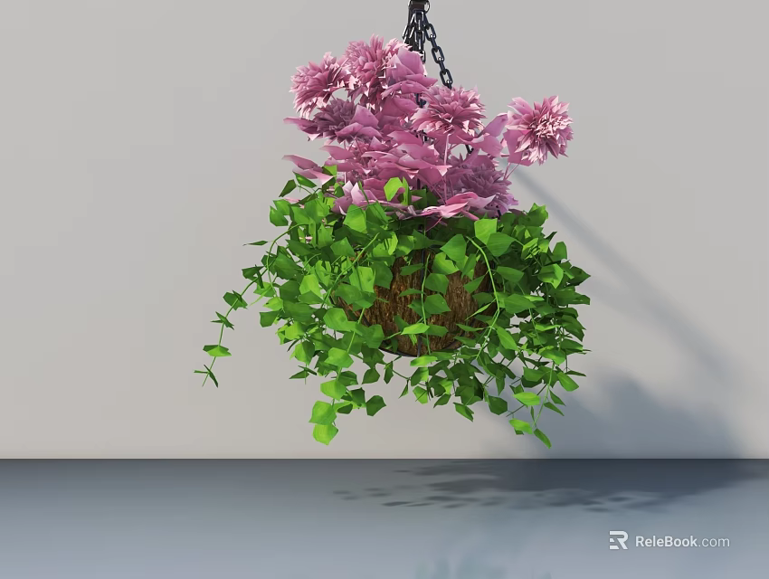 Pink Flowering Hanging Basket Plants With Lush Green Leaves in Wicker Basket 3d model 