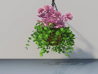 Pink Flowering Hanging Basket Plants With Lush Green Leaves in Wicker Basket 3d model