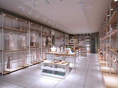 Modern Clothing Store Interior With Clothing Racks Shoes Display Shelves And Bright Lighting 3d model