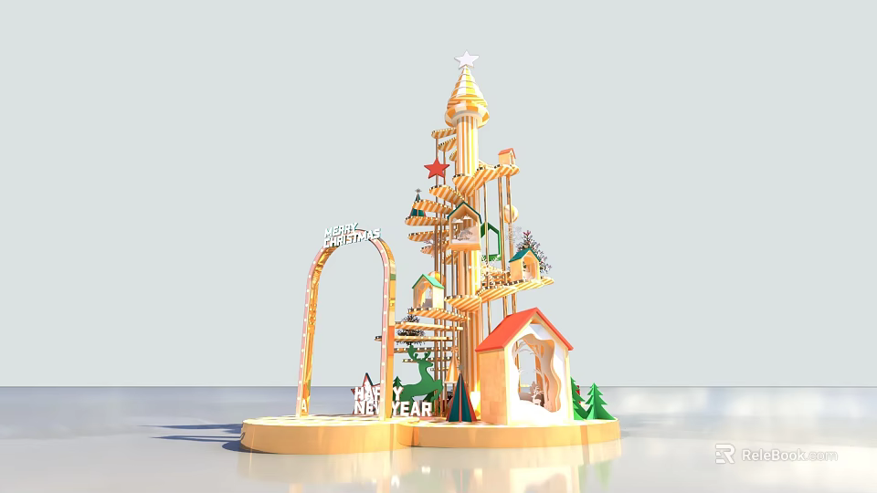Colorful Decorative Play Structure With Tower Slide Cottage Star Archway And Green Plants 3d model 