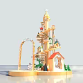 Colorful Decorative Play Structure With Tower Slide Cottage Star Archway And Green Plants