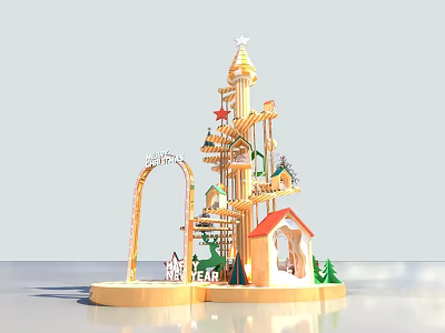 Colorful Decorative Play Structure With Tower Slide Cottage Star Archway And Green Plants 3d model