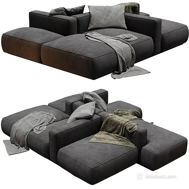 Modern Gray Linen Sectional Sofa With Throw Blankets For Cozy Living Room 3d model 