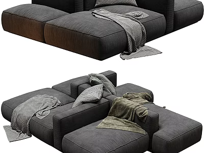 Modern Gray Linen Sectional Sofa With Throw Blankets For Cozy Living Room 3d model