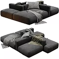 Modern Gray Linen Sectional Sofa With Throw Blankets For Cozy Living Room