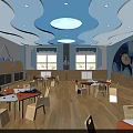 School Classroom Interior With Blue Cloud Shaped Ceiling And Cartoon Wall Murals 3d model