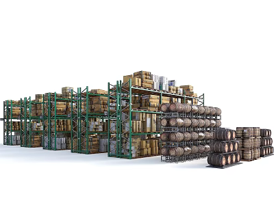 Utility Vehicle in Warehouse with Shelves Wooden Crates and Stacked Barrels 3d model