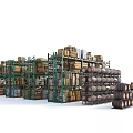 Utility Vehicle in Warehouse with Shelves Wooden Crates and Stacked Barrels
