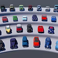 Colorful Car Models In Various Styles Arranged On Stepped Display Platform 3d model