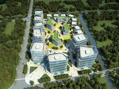 Modern Industrial Park With High Rise Buildings And Green Landscaped Areas 3d model