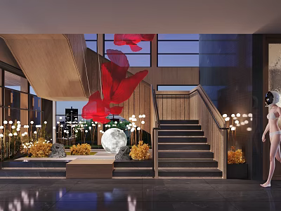 Modern Lobby Interior Design With Wooden Staircase Red Sculpture Circular White Decoration And Lighting 3d model