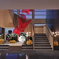 Modern Lobby Interior Design With Wooden Staircase Red Sculpture Circular White Decoration And Lighting
