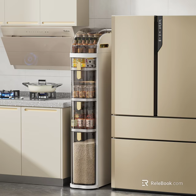 Modern Kitchen With Rotating Spice Rack And Light Colored Functional Cabinets 3d model 