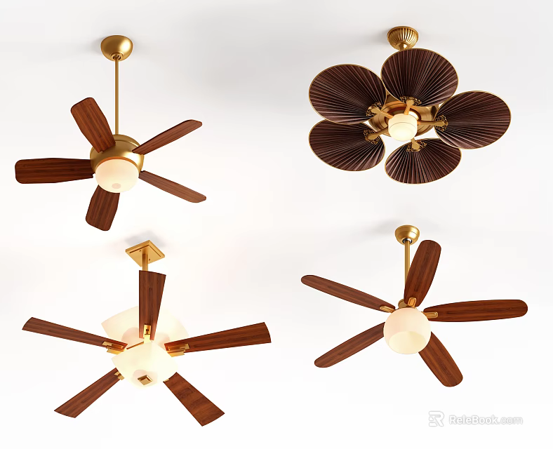 Various Modern Ceiling Fan Styles With Wooden Blades And Gold Base Details 3d model 