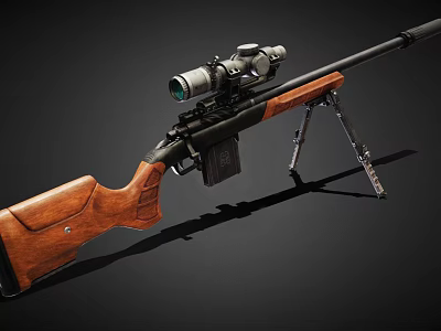 Sniper Rifle With Wooden Stock Telescopic Scope Bipod And Black Barrel On Dark Background 3d model