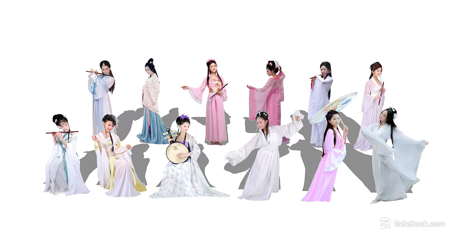 Group of Women in Traditional Ancient Chinese Costumes Dancing and Playing Instruments 3d model 