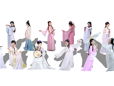 Group of Women in Traditional Ancient Chinese Costumes Dancing and Playing Instruments 3d model