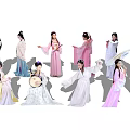 Group of Women in Traditional Ancient Chinese Costumes Dancing and Playing Instruments