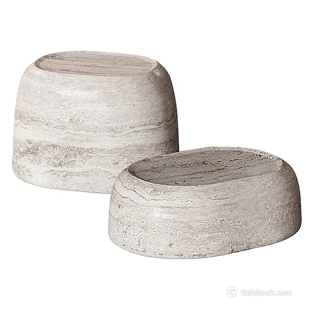 Two Light Tone Stone Stools With Natural Rustic Textured Surface Design 3d model