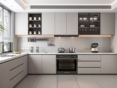 Modern Kitchen Interior Design With Grey Cabinets White Countertops And Built In Oven 3d model