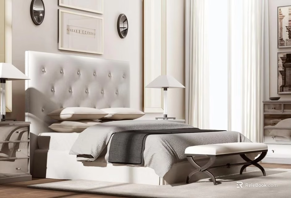 Elegant Double Bed With Tufted Headboard Bedside Lamps Bench And Window Curtains 3d model