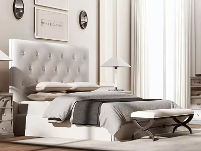 Elegant Double Bed With Tufted Headboard Bedside Lamps Bench And Window Curtains 3d model