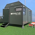 Green Mobile Camping Trailer With SUV Table Red Chairs On Grassland