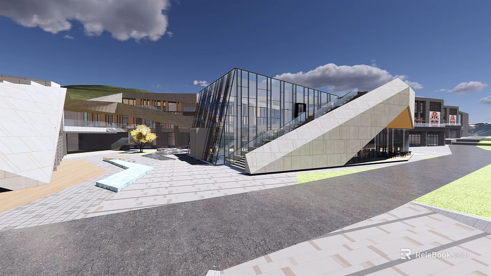 Modern Commercial Street With Glass Facade Geometric Design And Plaza Area 3d model 